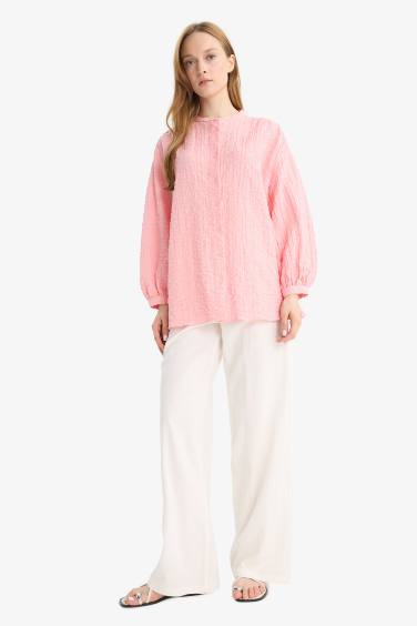 Relax Fit Crew Neck Seersucker Long Sleeve Tunic