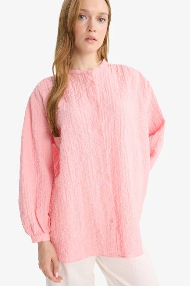 Relax Fit Crew Neck Seersucker Long Sleeve Tunic
