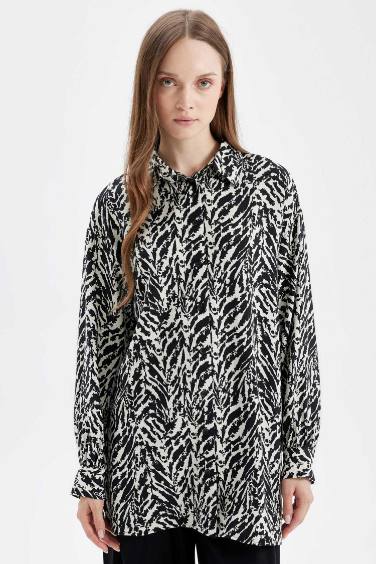 Relax Fit Shirt Collar Patterned Long Sleeve Shirt Tunic