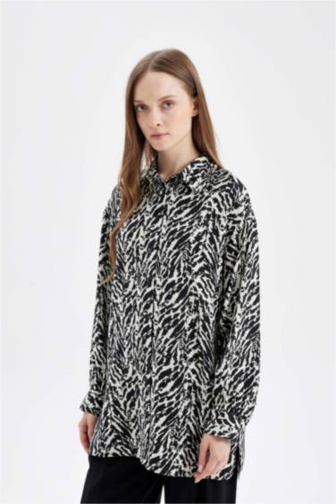 Relax Fit Gömlek Yaka Desenli Uzun Kollu Gömlek Tunik