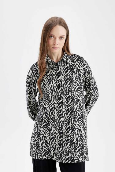 Relax Fit Gömlek Yaka Desenli Uzun Kollu Gömlek Tunik