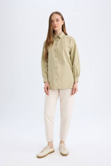 Relax Fit Gömlek Yaka Poplin Basic Düz Uzun Kollu Gömlek Tunik