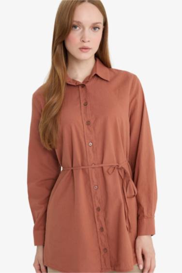Regular Fit Poplin Basic Düz Uzun Kollu Gömlek Tunik
