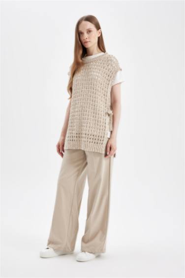 Bisiklet Yaka Yandan Bağlamalı Ajurlu Triko Süveter