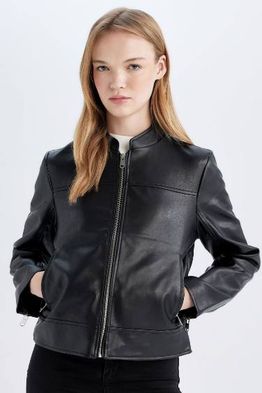 Regular Pattern Black Faux Leather Jacket