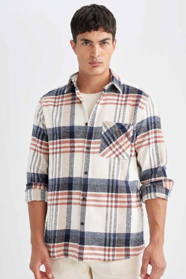 Regular Fit Polo Neck Plaid Flannel Shirt