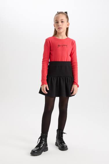 Kız Çocuk 2'li Takım Bisiklet Yaka Atatürk Nakışlı Kırmızı Ribana Uzun Kollu Tişört Fiyonk Toka