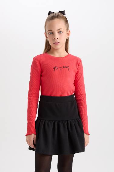 Kız Çocuk 2'li Takım Bisiklet Yaka Atatürk Nakışlı Kırmızı Ribana Uzun Kollu Tişört Fiyonk Toka