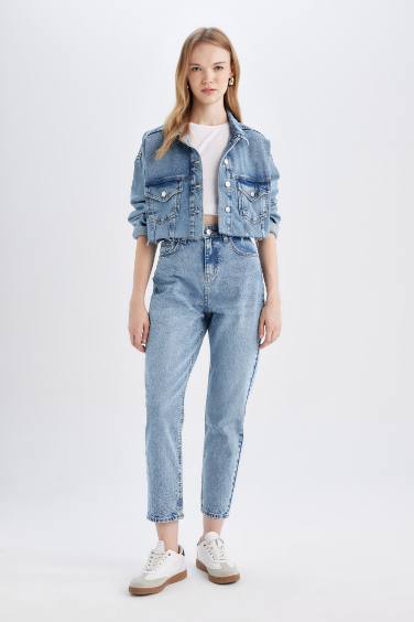 Crop Düğmeli Denim Ceket