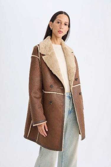 Ceket Yaka Süet Parka Mont Pelüş Astarlı Düğmeli Cepli