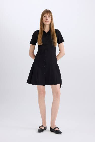 Polo Neck Basic Short Sleeve Pleated Mini Dress