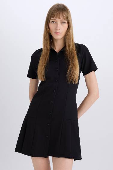 Polo Neck Basic Short Sleeve Pleated Mini Dress