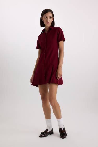 Polo Collar Basic Short Sleeve Pleated Mini Dress