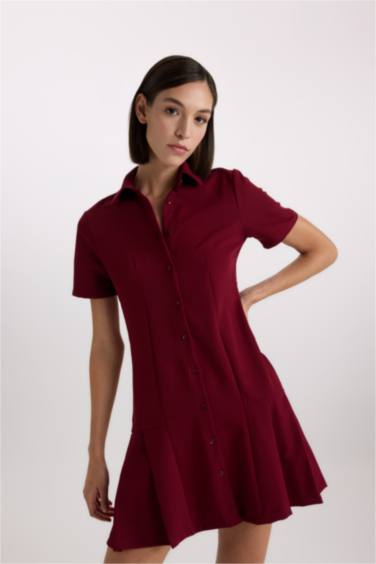 Polo Collar Basic Short Sleeve Pleated Mini Dress