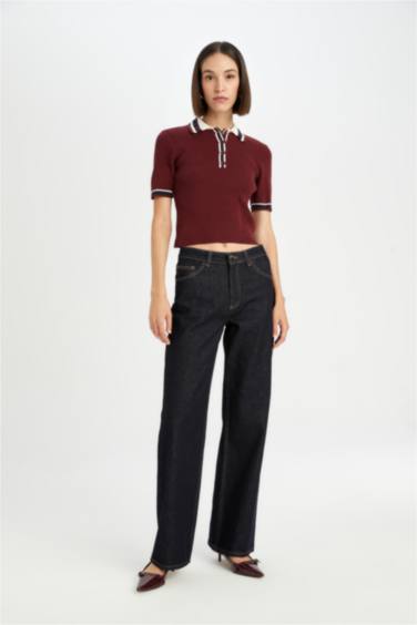 Regular Fit Düğmeli Polo Yaka Kısa Kollu Bordo Triko Kazak