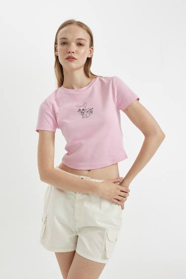 Fitted Embroidery Print Ribbed T-Shirt