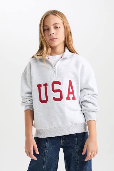 Girl Relax Fit Half Zipper Printed Sweatshirt with Soft Fur Inside