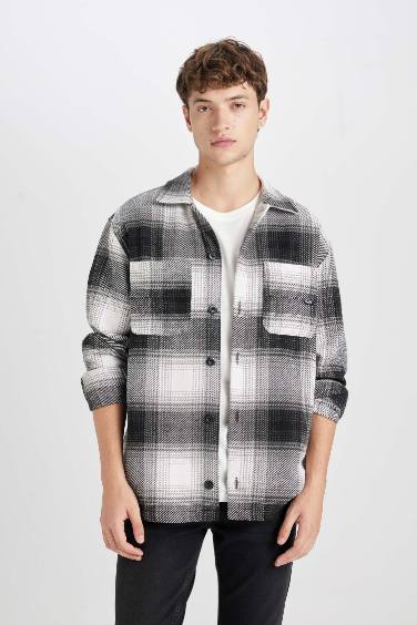 Black Relax Fit Polo Collar Plaid Lumberjack Shirt Jacket