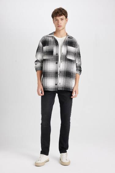 Siyah Relax Fit Polo Yaka Kareli Oduncu Flanel Uzun Kollu Gömlek Ceket