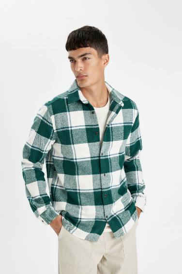 Regular Fit Polo Collar Flanel Plaid Long Sleeve Shirt