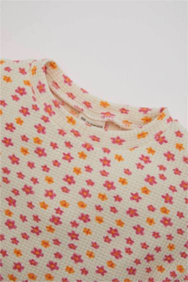 Baby Girl Crew Neck Floral Waffle Short Sleeve T-Shirt