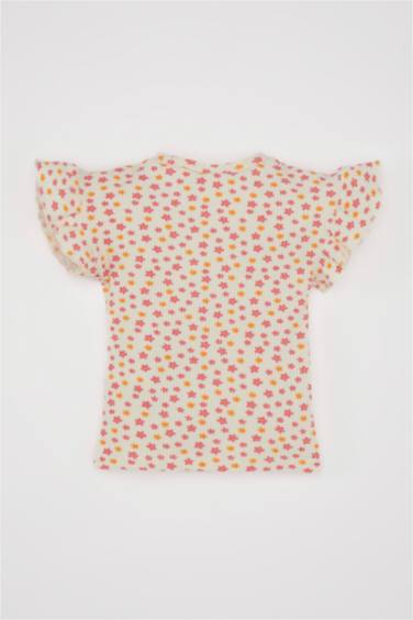 Baby Girl Crew Neck Floral Waffle Short Sleeve T-Shirt