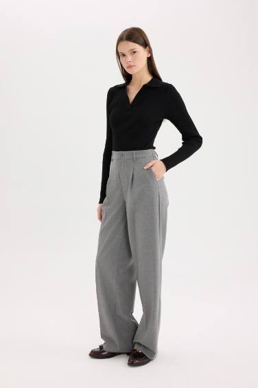 Klasik Kumaş Palazzo Pantolon Wide Leg Geniş Bol Paça Çift Cepli Yüksek Bel Standart Boy Basic Düz