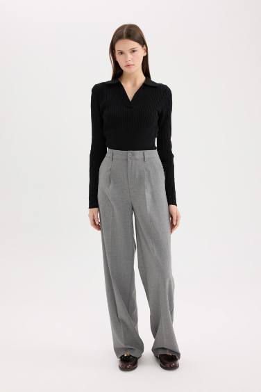 Klasik Kumaş Palazzo Pantolon Wide Leg Geniş Bol Paça Çift Cepli Yüksek Bel Standart Boy Basic Düz
