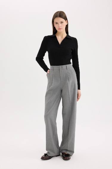Klasik Kumaş Palazzo Pantolon Wide Leg Geniş Bol Paça Çift Cepli Yüksek Bel Standart Boy Basic Düz