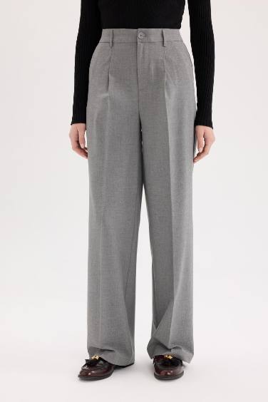 Klasik Kumaş Palazzo Pantolon Wide Leg Geniş Bol Paça Çift Cepli Yüksek Bel Standart Boy Basic Düz