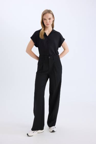 Basic Double Pocketed High Waist Wide Leg Classic Fabric Trousers