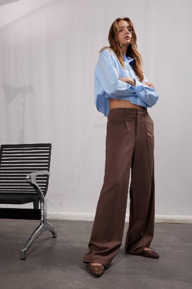 Klasik Kumaş Palazzo Pantolon Wide Leg Geniş Bol Paça Çift Cepli Yüksek Bel Standart Boy Basic Düz