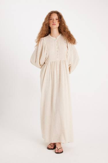 Manuka x DeFacto Hakim Yaka Pamuklu Uzun Kollu Maxi Elbise