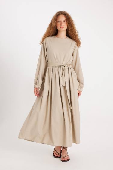 Manuka x DeFacto Bisiklet Yaka Keten Karışımlı Uzun Kollu Maxi Elbise