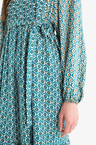 Patterned Belted Long Sleeve Maxi Modest Dress