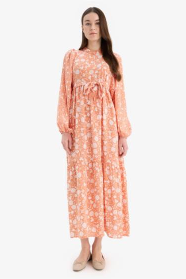 Major Collar Patterned Long Sleeve Maxi Modest Dress