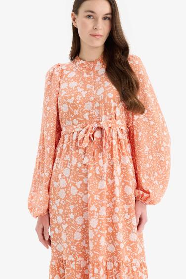 Major Collar Patterned Long Sleeve Maxi Modest Dress