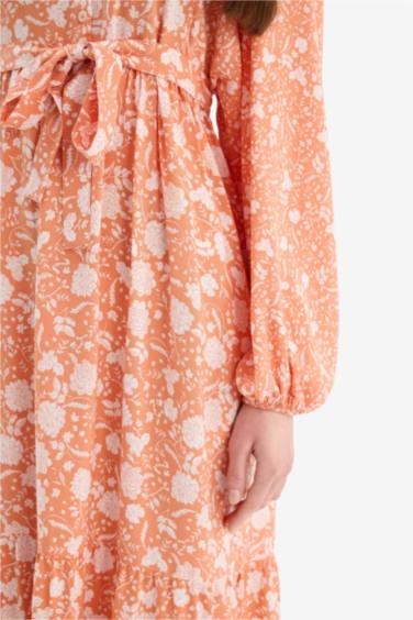 Major Collar Patterned Long Sleeve Maxi Modest Dress