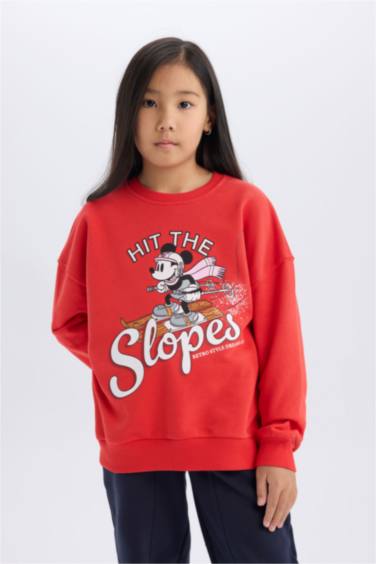 Kız Çocuk Disney Mickey & Minnie Oversize Geniş Kalıp Bisiklet Yaka Sweatshirt