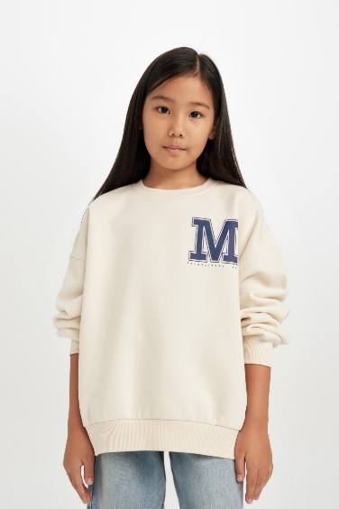 Girl Oversize Fit Crew Neck University Printed Sweatshirt