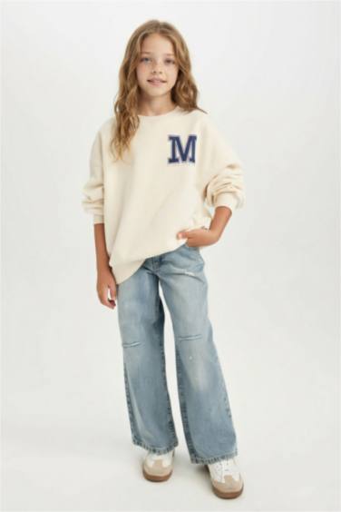 Girl Oversize Fit Crew Neck University Printed Sweatshirt