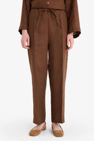 %100 Keten Straight Fit Esnek Belli Cepli Pantolon