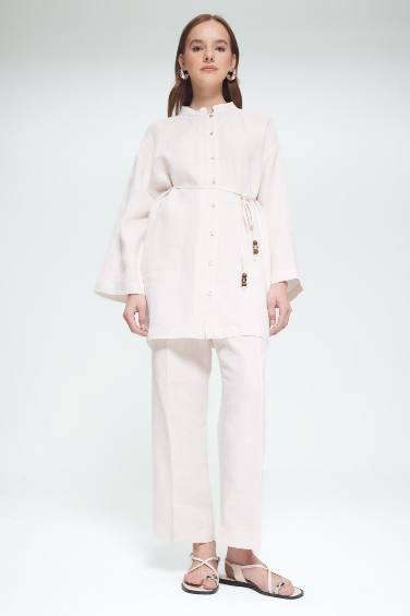 Linen Straight Fit Flexible Waisted Trousers