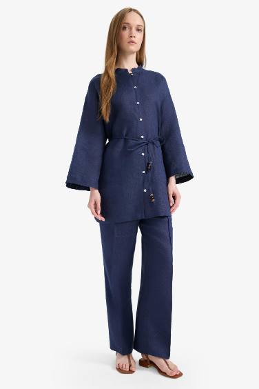 Straight Fit Elastic Waist Pocketed Linen Trousers