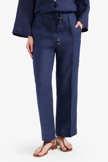 Straight Fit Elastic Waist Pocketed Linen Trousers