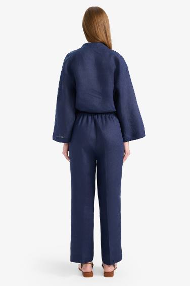 Straight Fit Elastic Waist Pocketed Linen Trousers