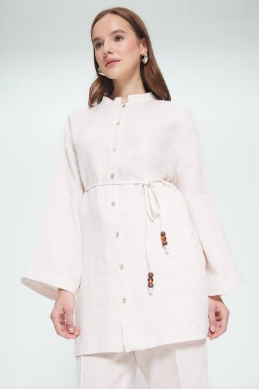 %100 Keten Regular Fit Bağcıklı Uzun Kollu Gömlek Tunik