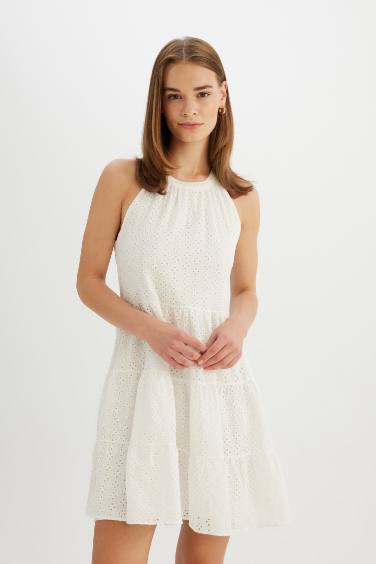 Robe Midi Mousseline à Col Halter et sans Manches