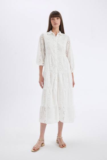 Shirt Collar Half Sleeve Maxi White Dress