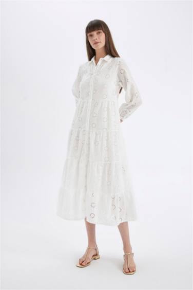 Shirt Collar Half Sleeve Maxi White Dress